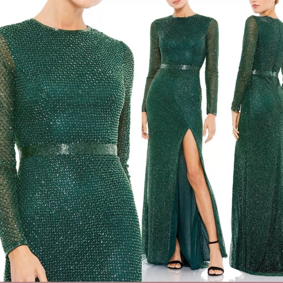 Mac Duggal Evening - 5056D Long Sleeve Beaded High Slit Gown - Picture 1 of 8